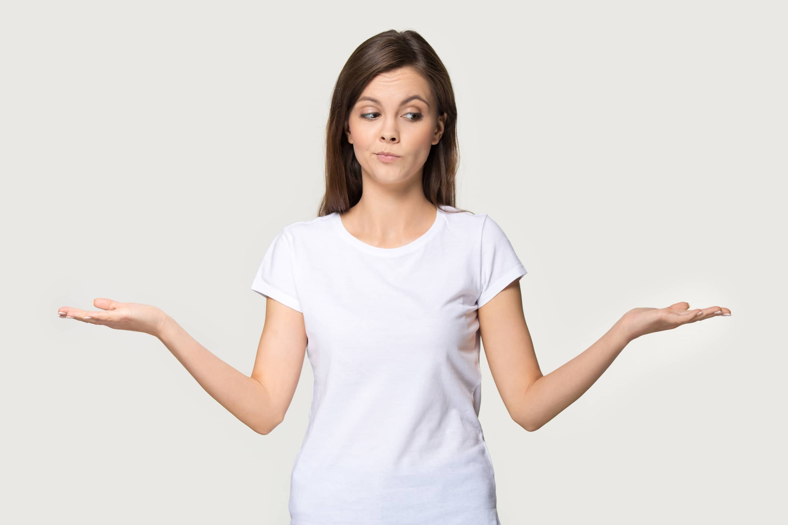 Young,Funny,Woman,Wearing,White,T Shirt,Stretched,Hands,Feels,Confused