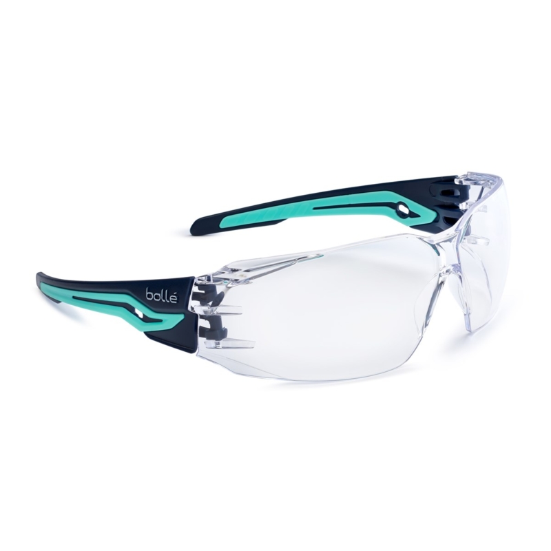 Close-up of Bolle Silex safety goggles clear PC lens with anti-scratch coating